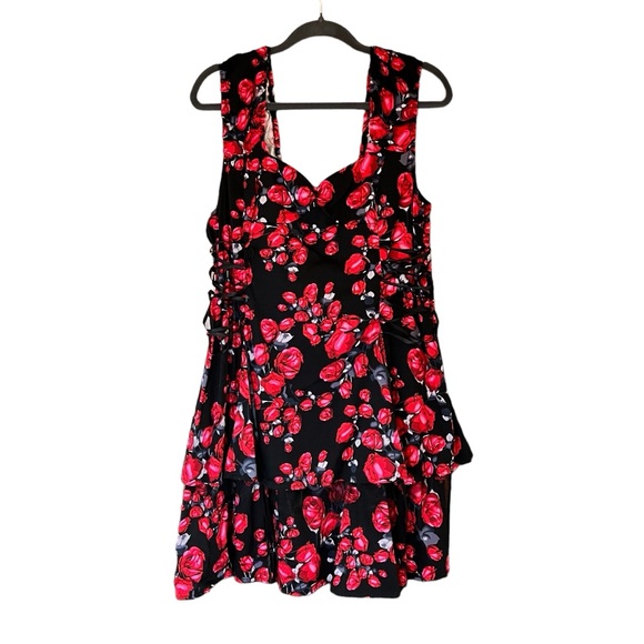 Hearts & Roses Brocade Lace Up Corset Dress Red Black Floral Fairy Goth Sz 14 - Picture 3 of 15